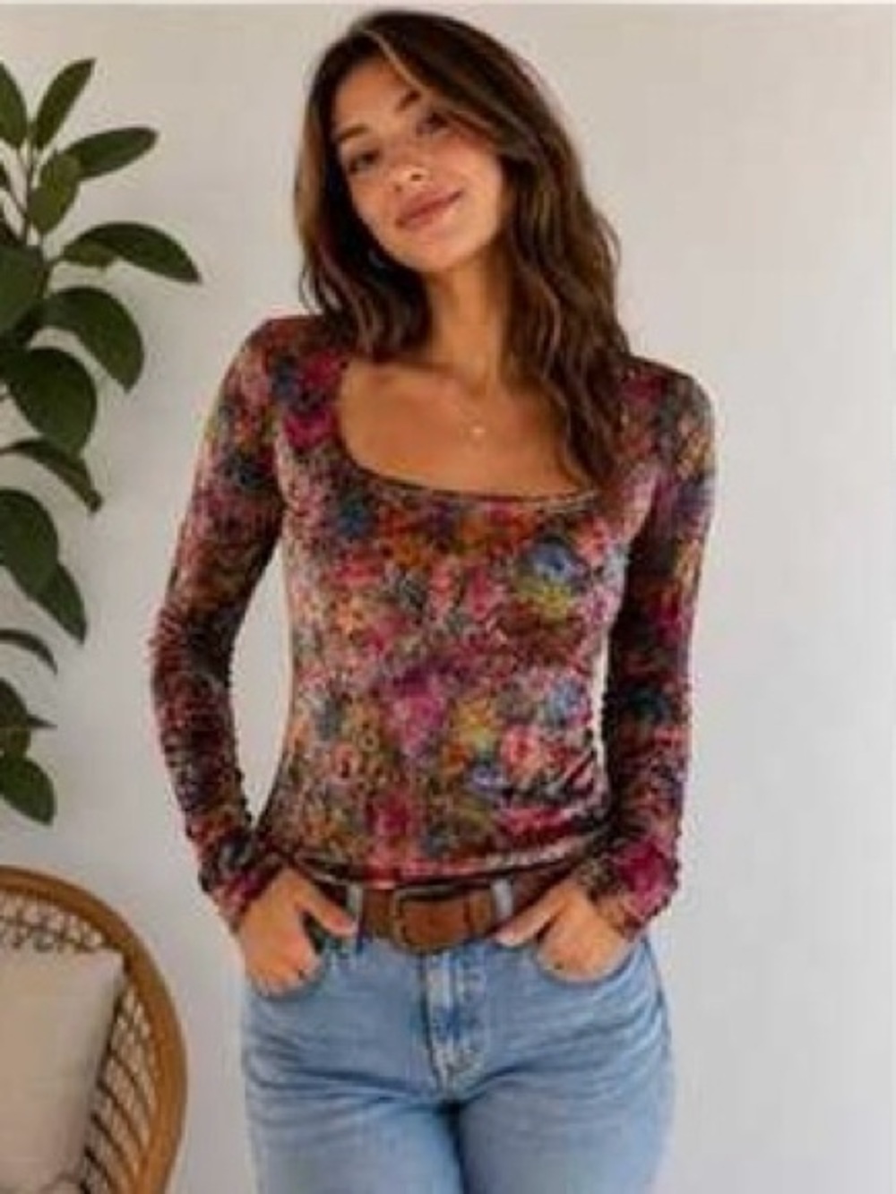 NATURAL LIFE Floral Velvet Long Sleeve Scoop Neck Top - Multi